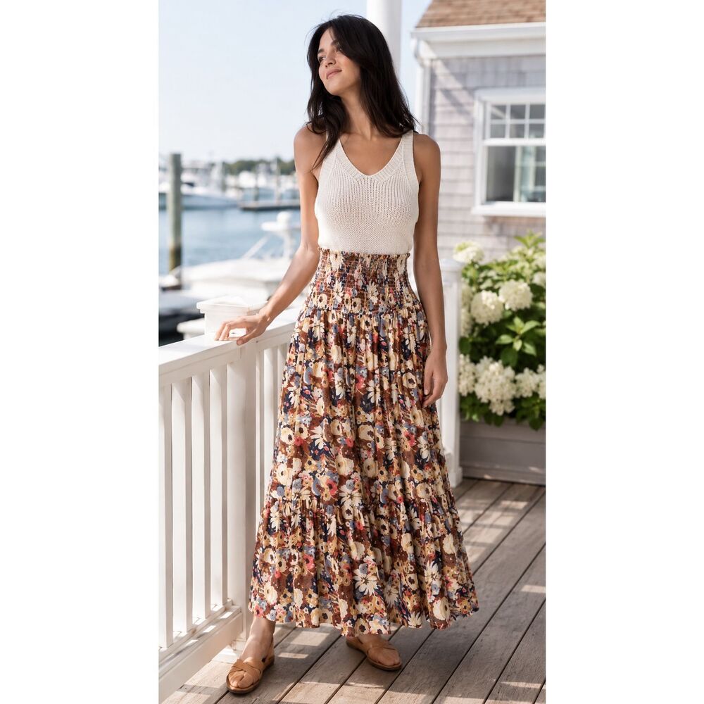 NWOT Natural Life Boho Floral Smocked Maxi Skirt Coastal Cottagecore Style, XS $
